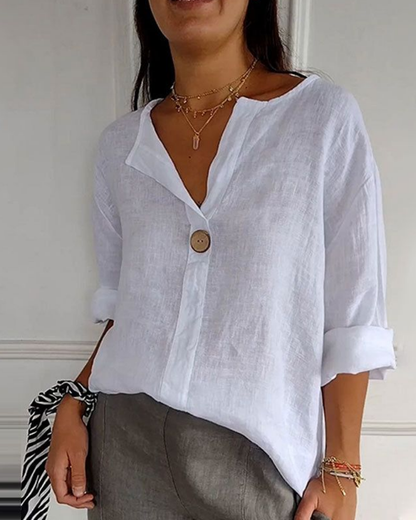 ARAI - Top de algodón y lino con cuello en V y botones