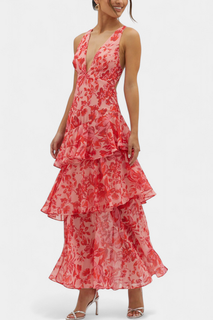 Domenica Vestido de Gasa con Escote en V y Capas Fluidas